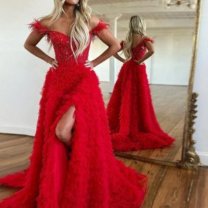 Robe de bal de fin d’année princesse rouge à épaules dénudées