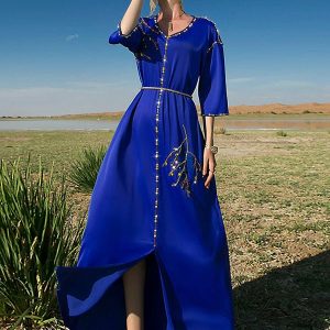 Robe Longue en Satin Bleu Royal à Manches Mi-longues