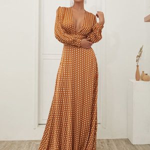 Robe de Soirée Fendue à Manches Longues et Pois