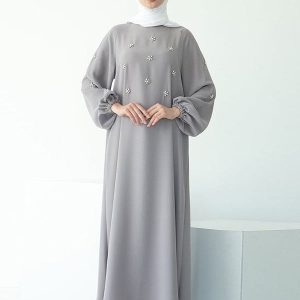 Robe Grande Taille à Manches Longues avec Perles