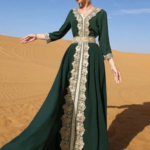 Robe Vintage en Dentelle Brodée Vert Foncé