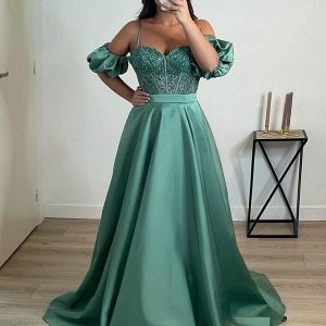 Robe de Soirée Vert en Cœur avec Manches Amovibles