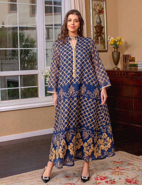 Robe Maxi Abaya brodée élégante et Bleu – Image 3