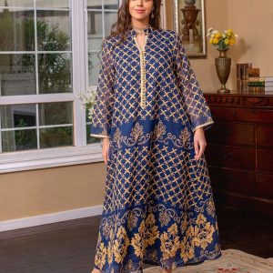 Robe Maxi Abaya brodée élégante et Bleu