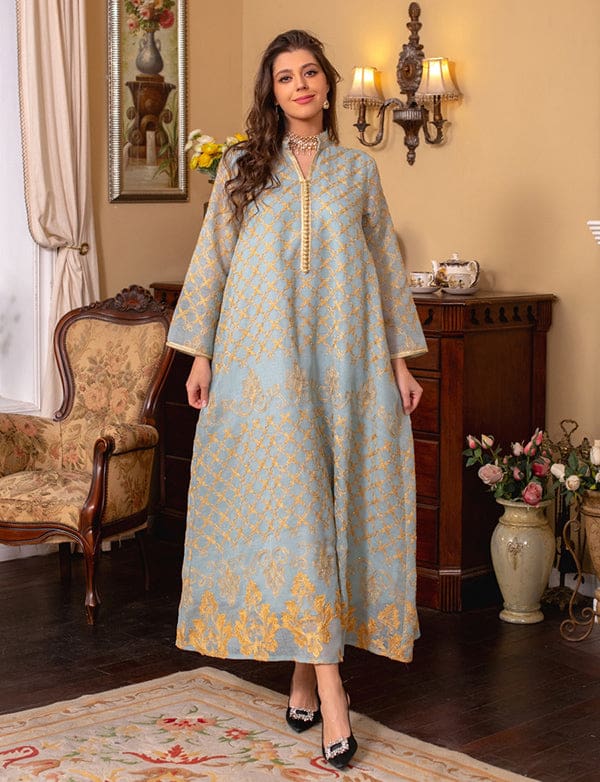 Robe Maxi Abaya brodée élégante et Bleu – Image 4