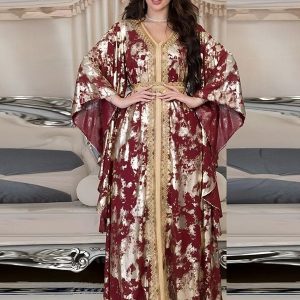 Robe Longue Marocaine Marocaine Florale Rouge
