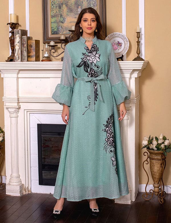 Élégante broderie vert clair Robe longue Abaya – Image 2