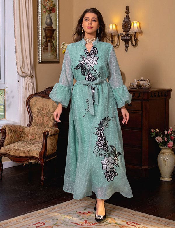 Élégante broderie vert clair Robe longue Abaya – Image 6