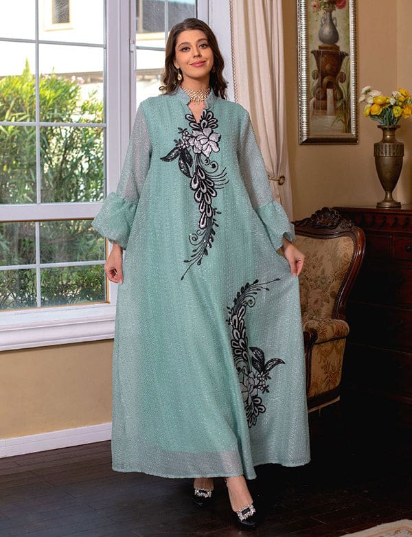 Élégante broderie vert clair Robe longue Abaya – Image 7