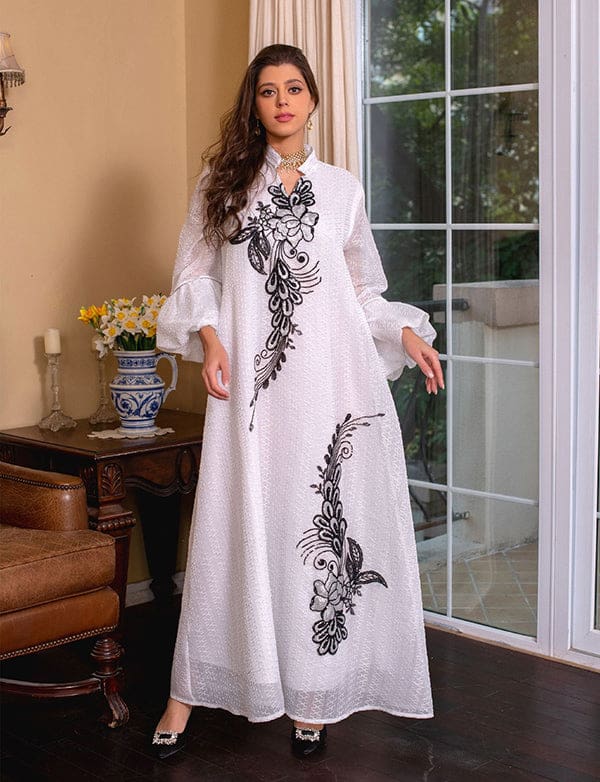 Élégante broderie vert clair Robe longue Abaya – Image 4
