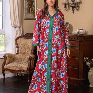 Robe vintage rétro imprimée de printemps pour femmes abaya