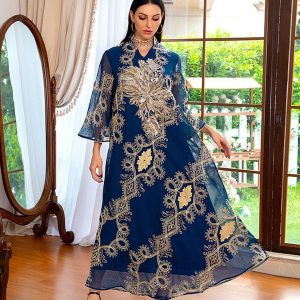 Abaya musulmane perlée robe de soirée jaune polie