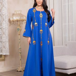 Abaya musulmane brodée robe bleue brodée
