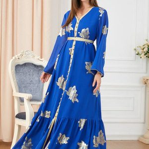 Robe dorée à la mode à manches longues et col en V