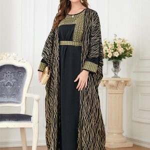 Abaya musulmane robe à manches longues brodée à col rond avec broderie dorée