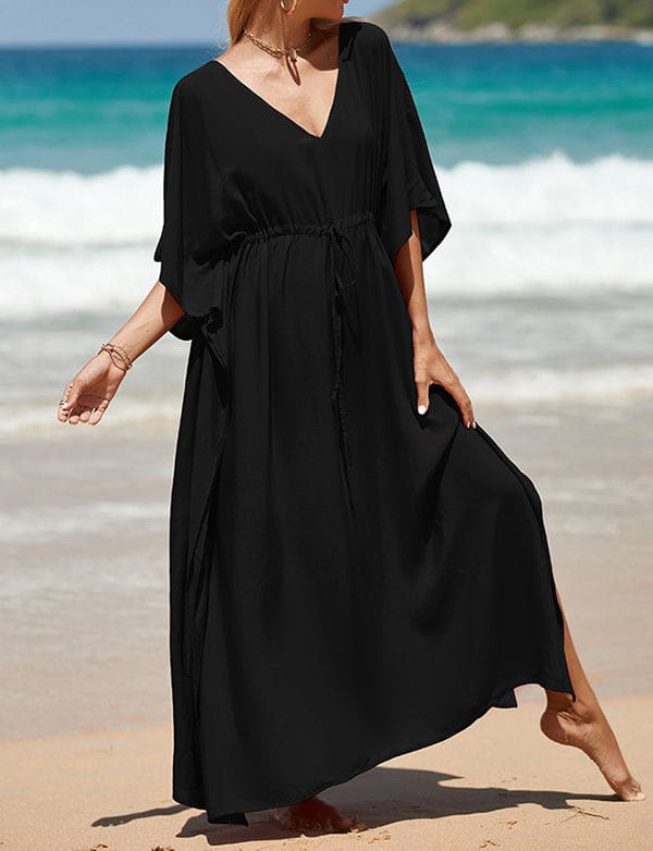 Caftan décontracté couleur unie longue robe ample à col en V – Image 6