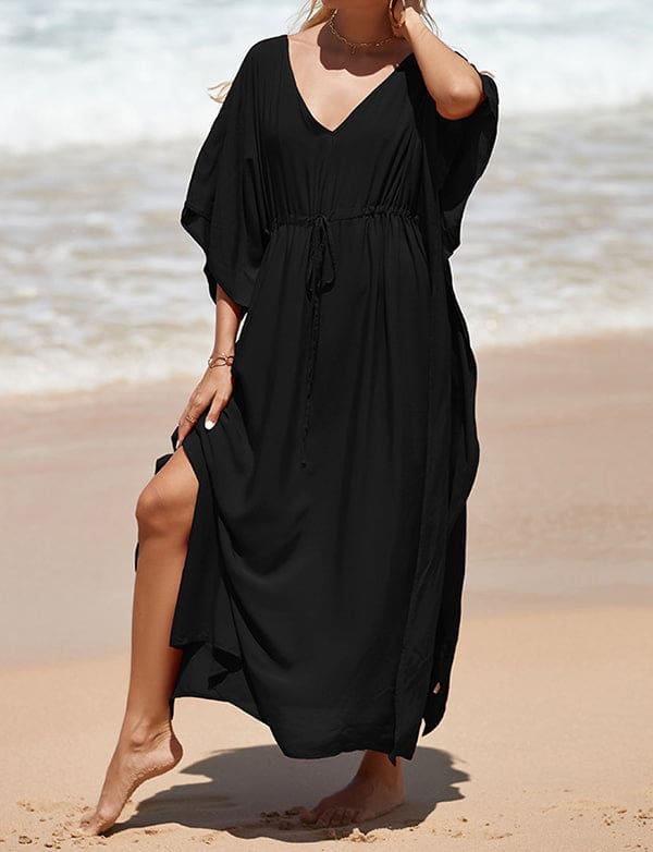 Caftan décontracté couleur unie longue robe ample à col en V – Image 8