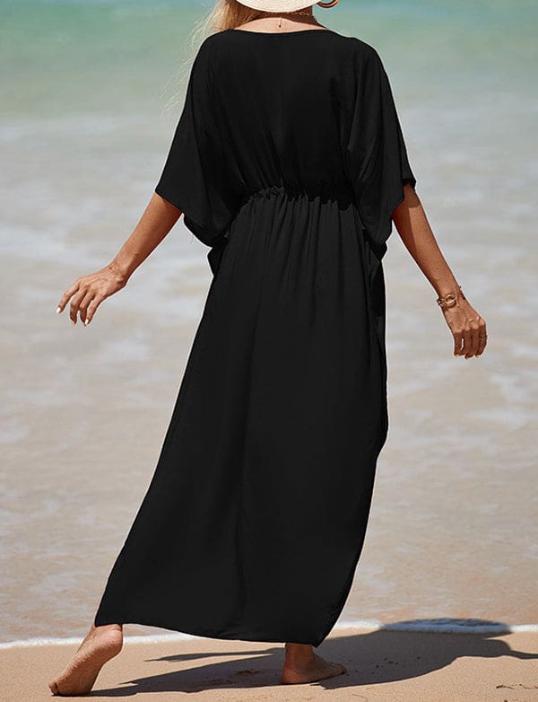 Caftan décontracté couleur unie longue robe ample à col en V – Image 9