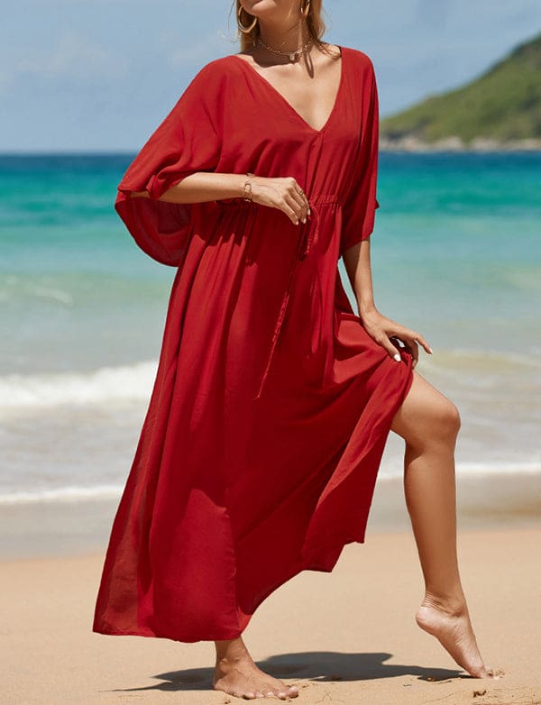 Caftan décontracté couleur unie longue robe ample à col en V – Image 4