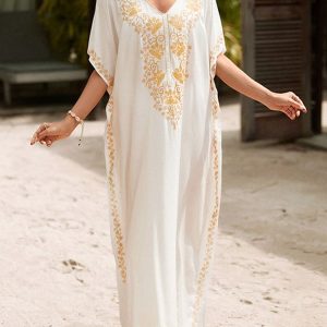 Robe longue brodée rouille