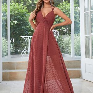 Robe de soirée en mousseline à col en V, sans manches et avec bretelles