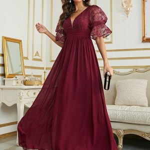 Robe de soirée à manches courtes en mousseline de soie à col en V profond