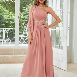 Robe en chiffon à une épaule, rose lotus