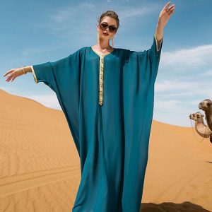 Robe cape ample à ceinture tissée bleu lac et or