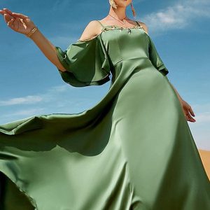 Robe sexy à dos nu en diamant cousu à la main, de couleur verte