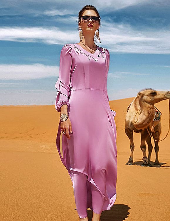 Robe abaya rose à manches longues avec col en V et strass – Image 5