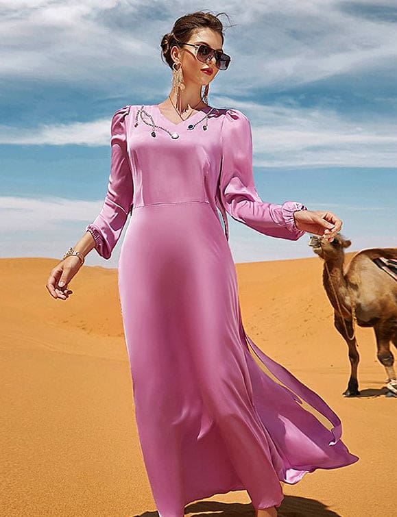 Robe abaya rose à manches longues avec col en V et strass – Image 7