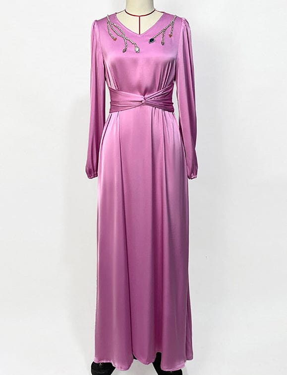 Robe abaya rose à manches longues avec col en V et strass – Image 9