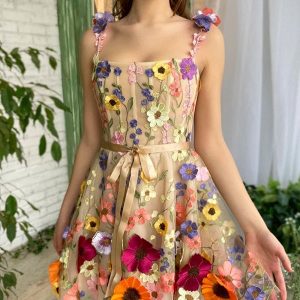 Robe de Soirée Courte Fleurie Champagne