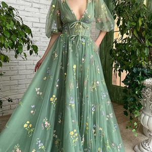 Robe de Soirée Vert en Tulle à Fleurs
