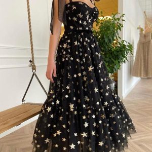Robe de Bal Longue Noir en Tulle avec Étoiles