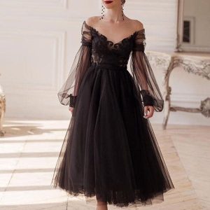 Robe de Soirée Noir en Tulle à Col en V