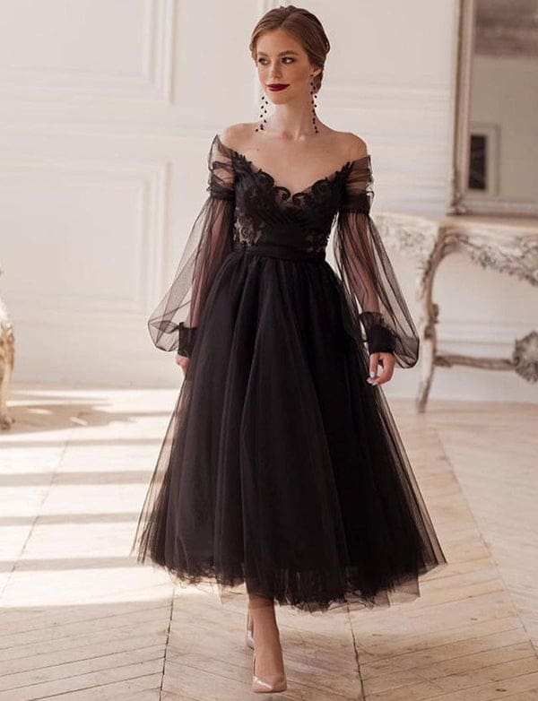 Robe de Soirée Noir en Tulle à Col en V – Image 3