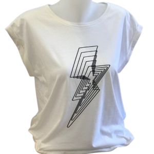 T-shirt rock blanc avec motif éclair pailleté noir