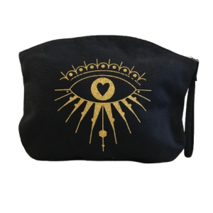Trousse de toilette noire personnalisée – Motif oeil doré