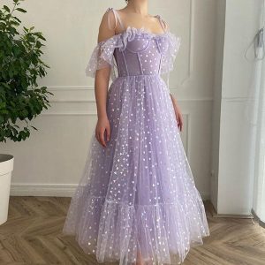 Robe de Bal Lilas à Épaules Dénudées