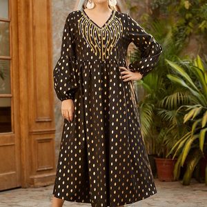 Robe Longue Brodée à Pois Bronze de Grande Taille