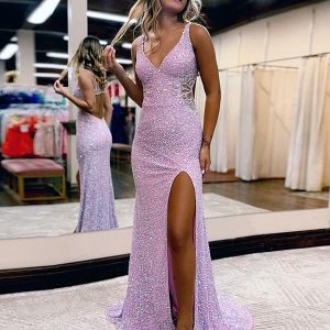 Robe de bal de fin d&rsquo;année à col en V, dos creux et sans paillettes, avec fente