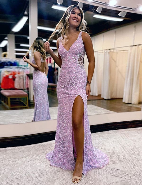 Robe de bal de fin d’année à col en V, dos creux et sans paillettes, avec fente – Image 2