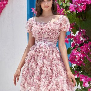 Robe de soirée trapèze imprimée à volants