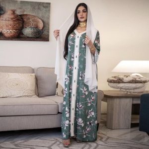 Djellaba Femme Verte avec Fleurs