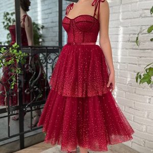 Robe de Ssoirée en tTulle Rouge Foncé à Paillettes