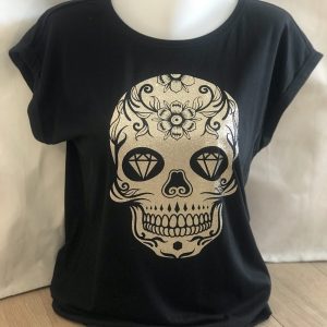 T-shirt tête de mort pailletée dorée pour femme