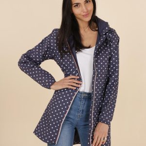 Imperméable long bleu à pois