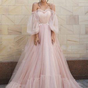 Robe de Bal Longue en Tulle Rose
