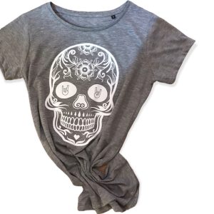 T-shirt gris et tête de mort blanche pour femme